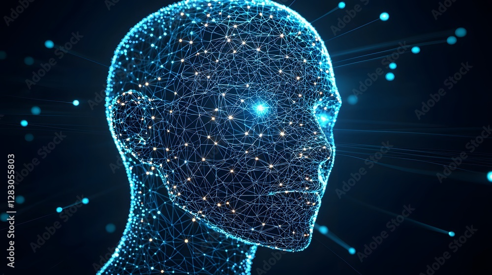 Poster cybernetic human face with neural web representation futuristic environment digital art technology c