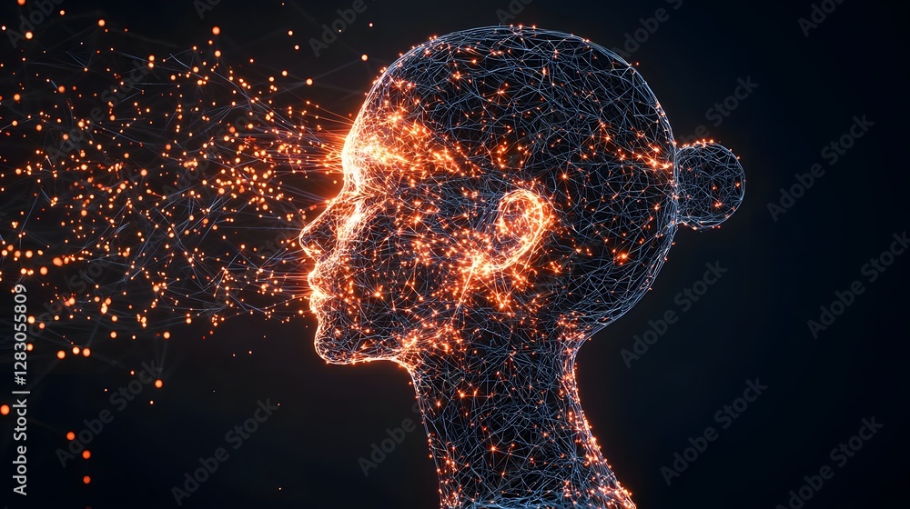 Poster exploring cybernetic human faces neural networks in digital art virtual space graphic creation futur