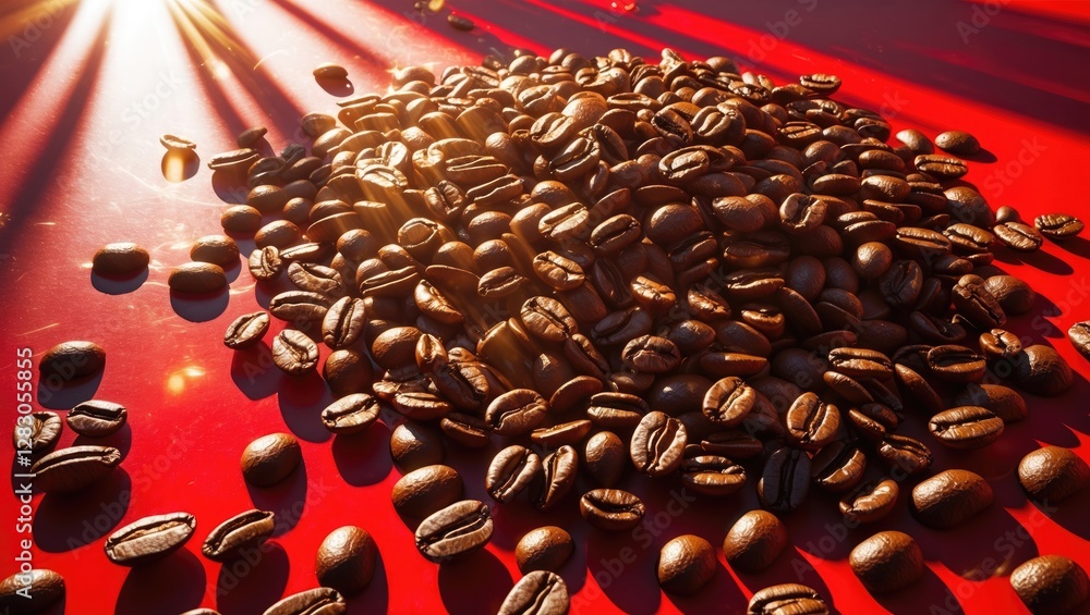 Poster coffee beans scattered on a red surface illuminated by sunlight creating dramatic shadows and highli