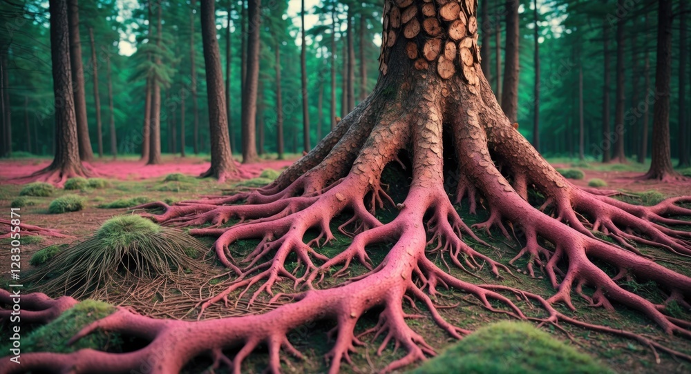 Poster tree roots with unique reddish color in a green forest setting surrounded by mossy ground and tall t