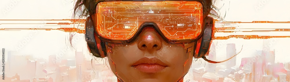 Poster cybernetic scientist innovating with ai neural helmet in futuristic lab digital art technology close