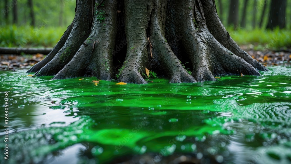 Aufkleber tree roots submerged in green water with ripples and leaves in a forest setting during daylight.