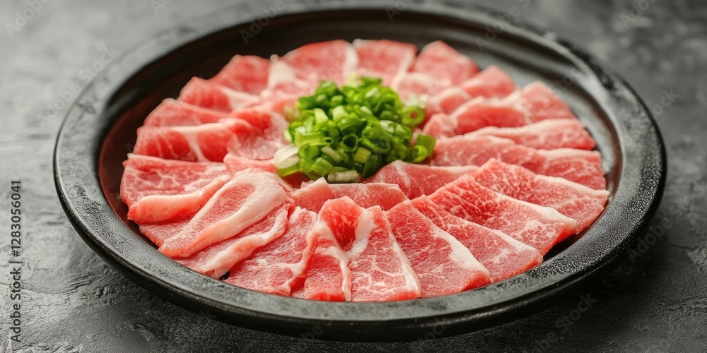 Poster Fresh pork slices arranged in a circular pattern on a black plate topped with green onions against a dark textured background ideal for restaurant menus.