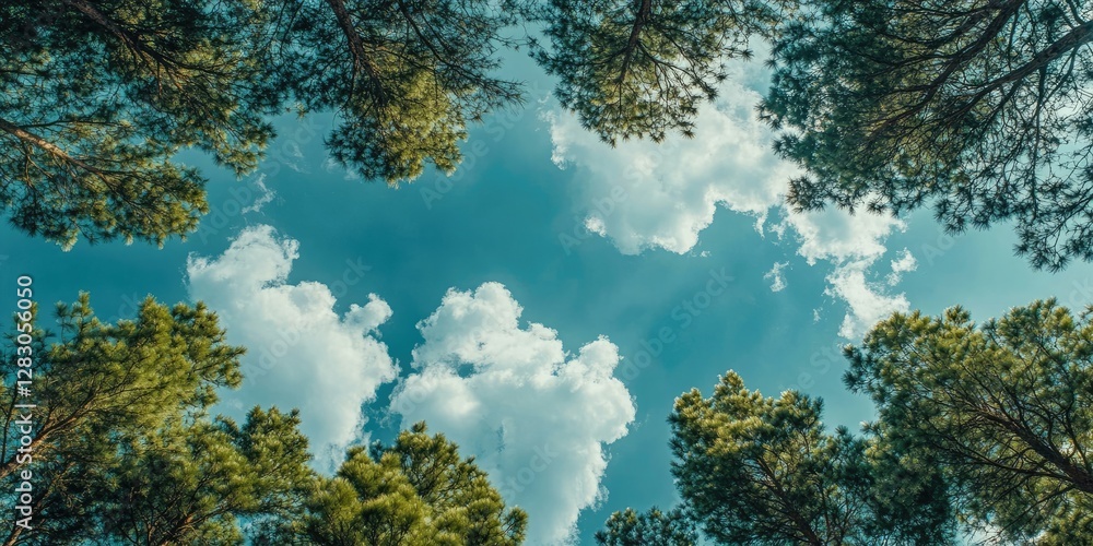 Poster Lush green pine treetops framing a bright sky with fluffy white clouds creating a serene and expansive upward view from below.