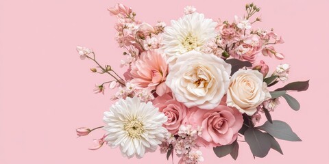 Elegant pink and white flower bouquet featuring roses, gerberas, and blossoms arranged on a soft pink backdrop, radiating beauty and charm.