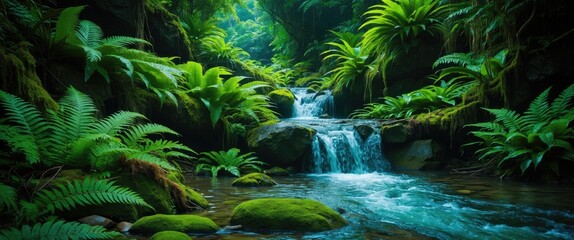Lush green forest with ferns and a flowing stream cascading over rocks in tranquil natural setting