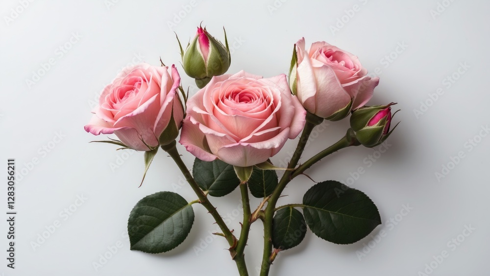 Poster pink roses with buds and green leaves arranged on a white background in a clean and minimalistic com