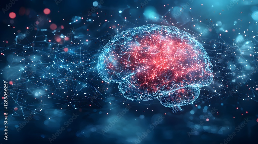 Poster exploring the digital brain glowing neural networks in a futuristic environment