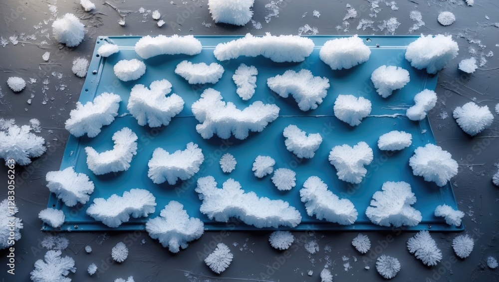 Poster blue surface covered with snowflakes and frost patterns in various shapes and sizes against a dark b