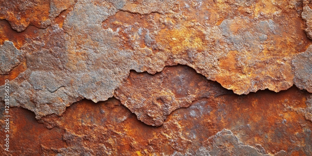 Poster rusty metal texture with orange and grey hues, featuring layered surface patterns and irregular eart