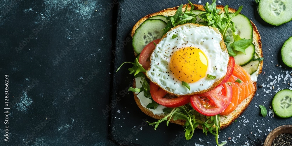 Poster delicious open-faced sandwich with fresh cucumber slices topped with smoked salmon, a sunny-side-up 