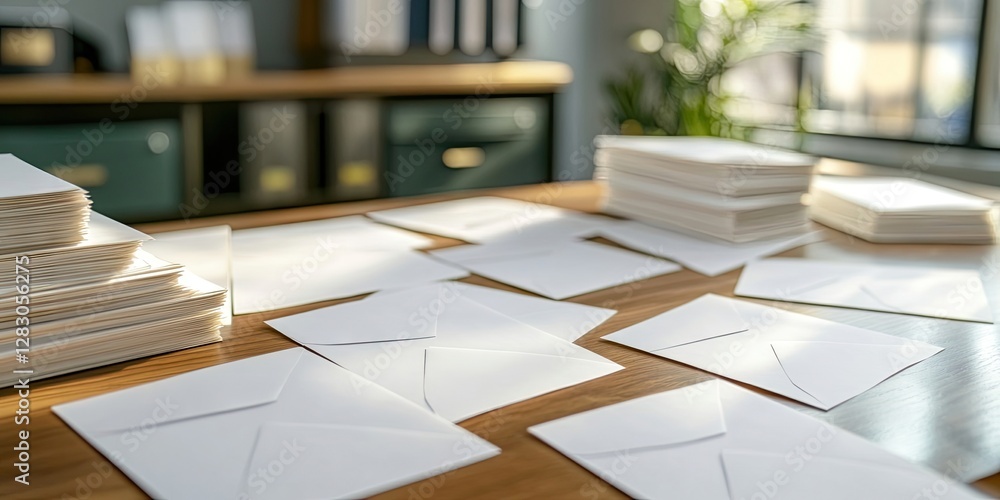 Leinwandbilder office workspace with stacks of white envelopes and papers arranged on a wooden table, illuminated b