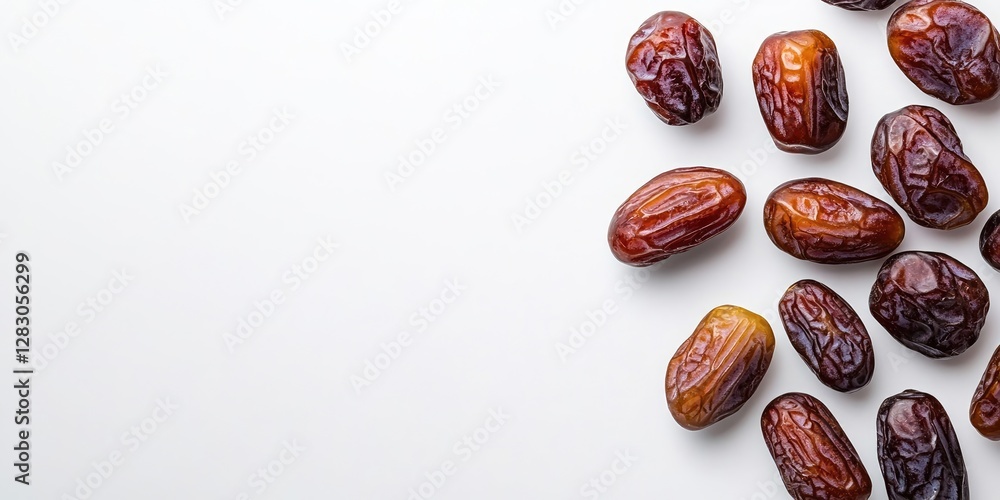Aufkleber Flat lay composition of various dates in rich brown tones on a white background with ample negative space for text positioned on the left side.