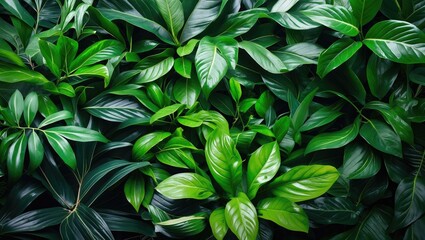 Fototapeta premium Lush tropical green leaves background with diverse textures and shades arranged densely for natural design elements