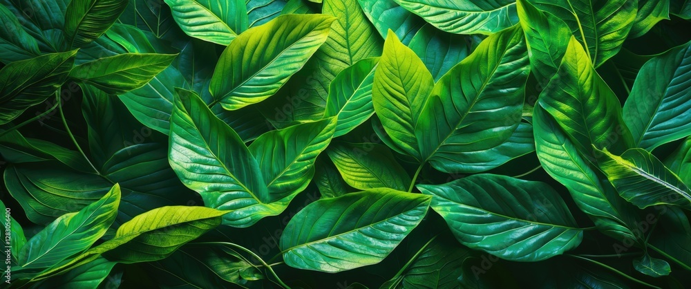 Poster dense green foliage with assorted tropical leaves in various shapes and sizes creating a natural bac