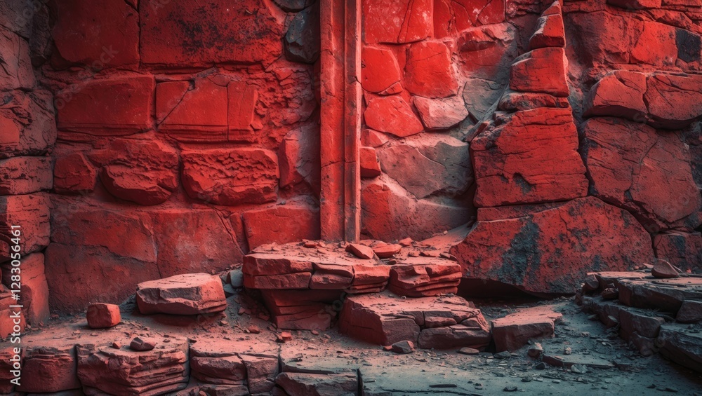 Aufkleber red sandstone wall with grunge texture highlighting weathered stones and debris in a dramatic settin