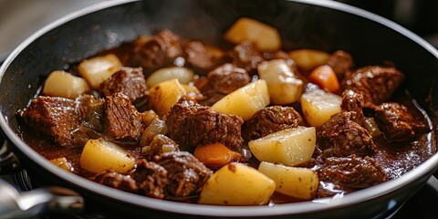 Savory beef stew with tender beef chunks and diced potatoes in a black skillet, rich brown gravy steaming, garnished with carrots and herbs.