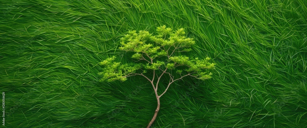 Poster lush green grass texture featuring a small tree creating a vibrant and serene natural background for