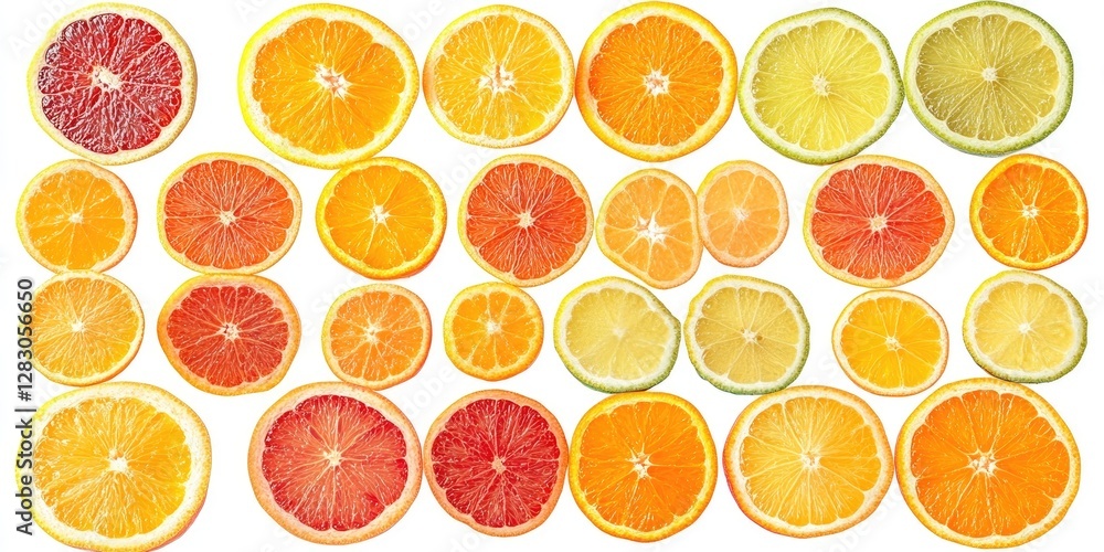 Poster Citrus Fruit Slices Pattern in Various Colors Including Yellow Orange and Red Arranged in a Grid on a White Background for Visual Appeal