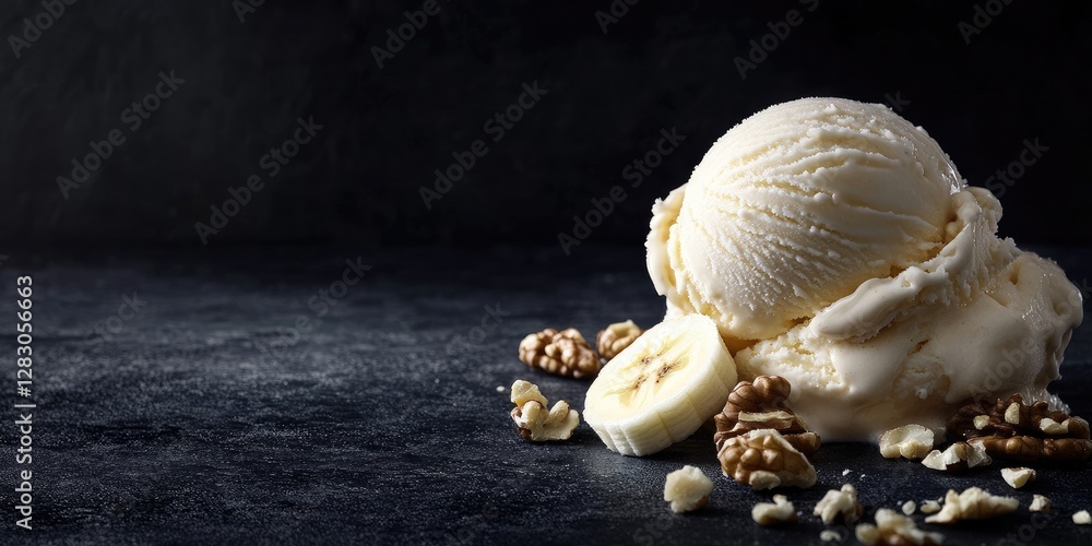 Aufkleber Creamy vanilla ice cream scoop accompanied by fresh banana slice and walnut kernels on dark textured surface with ample copy space for text