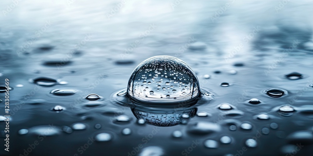 Aufkleber clear water droplet on a smooth dark blue surface with subtle reflections and a soft gradient backgr