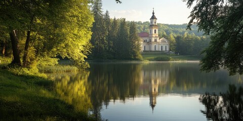 Obraz premium Scenic landscape of a pedagogical college reflected in calm water surrounded by vibrant green trees under soft morning light