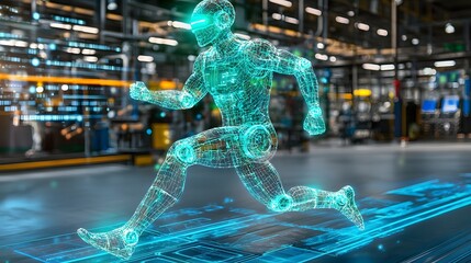 Fototapeta premium Futuristic ai-controlled robotic exoskeleton testing in high-tech factory dynamic action industrial environment futuristic viewpoint