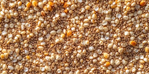 Close-up of various grains and seeds in shades of beige and tan scattered across a textured surface, creating a rich organic background.