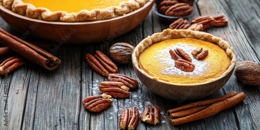 Aufkleber rustic pumpkin pie with pecans and cinnamon on wooden table; orange filling in brown bowls with scat