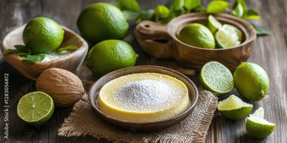 Poster fresh limes and smooth cheesecake mixture on rustic wooden table with burlap backdrop, featuring gre