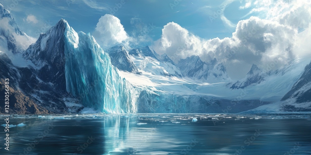 Aufkleber majestic glacier towering over a serene bay with clear blue ice formations and mountains under a bri