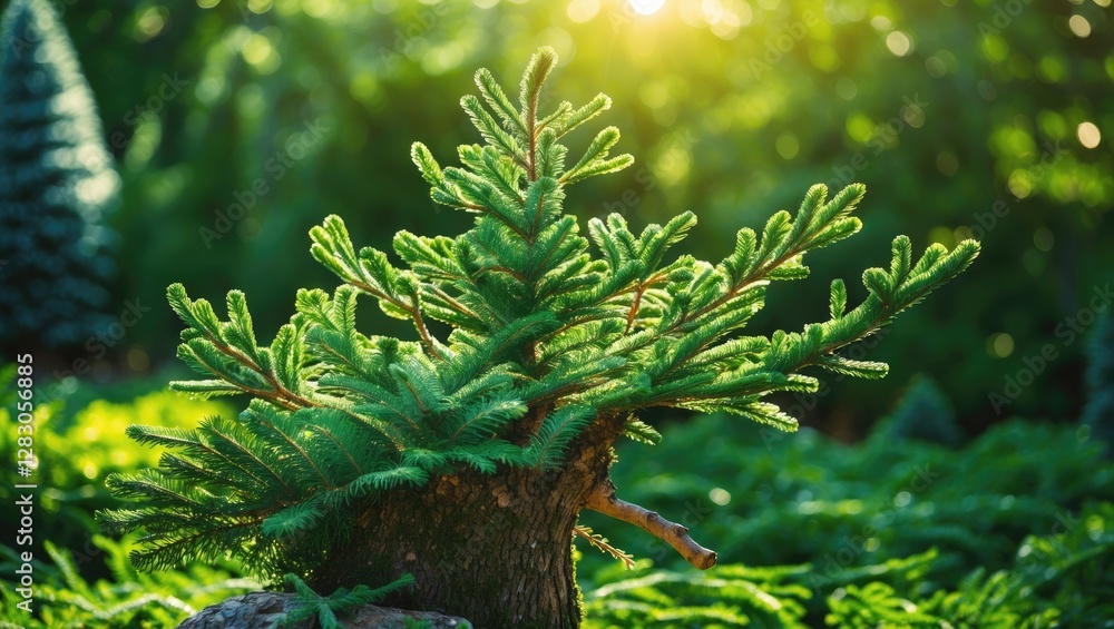 Poster close-up of a small evergreen tree with lush green needles in a sunlit forest setting with blurred g