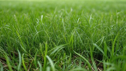 Lush green grass texture in a vibrant grassland showcasing nature's beauty and tranquility on a bright sunny day.