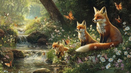 A family of foxes frolicking in a lush, flower-filled spring meadow, with butterflies dancing around and a gentle stream winding through the landscap