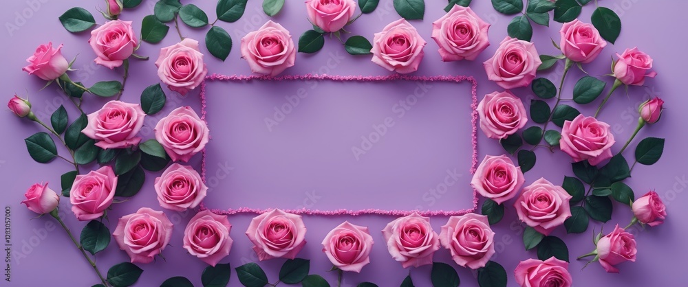 Poster pink roses arranged decoratively around a rectangular empty frame on a lavender background with gree