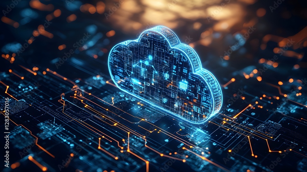 Poster futuristic digital interface showcasing advanced cloud technology virtual space 3d visualization hig