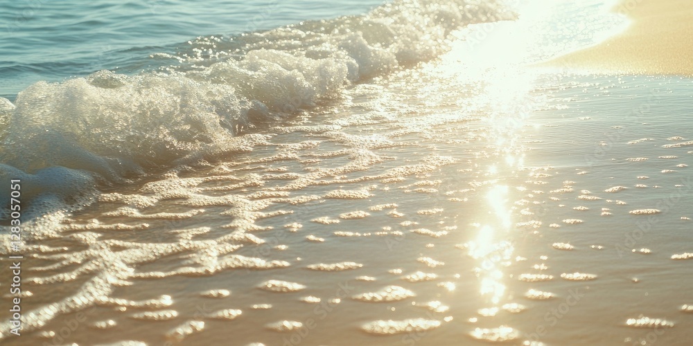 Aufkleber Sunlit rippling waves gently breaking on sandy shore with glistening water reflecting golden sunlight creating a tranquil beach atmosphere.