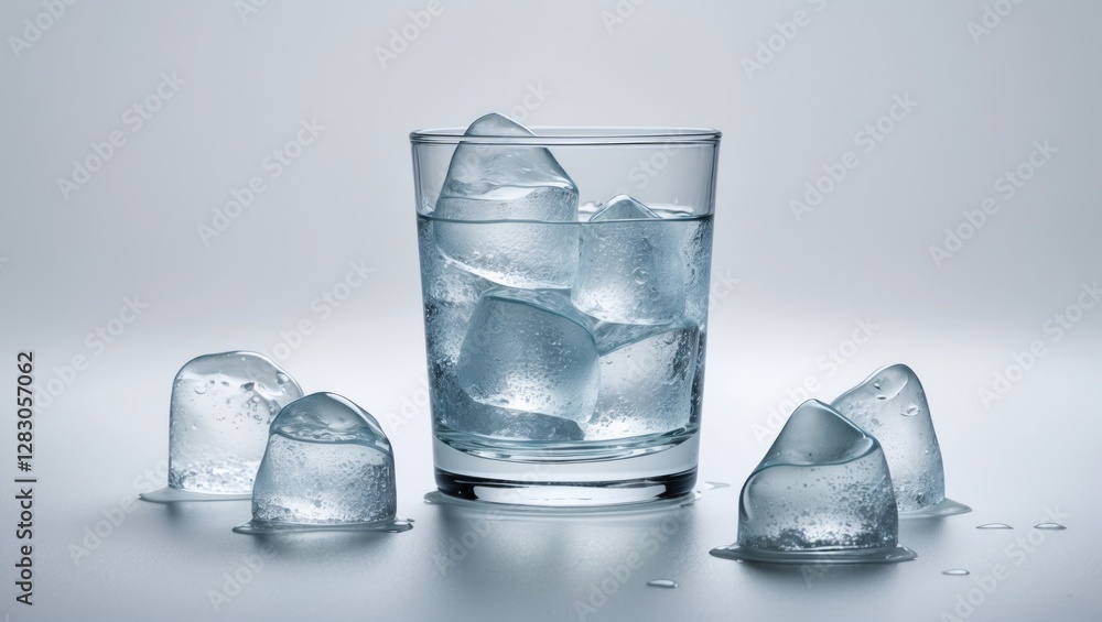 Poster clear glass filled with ice cubes isolated on a light background showcasing refreshing drink and emp