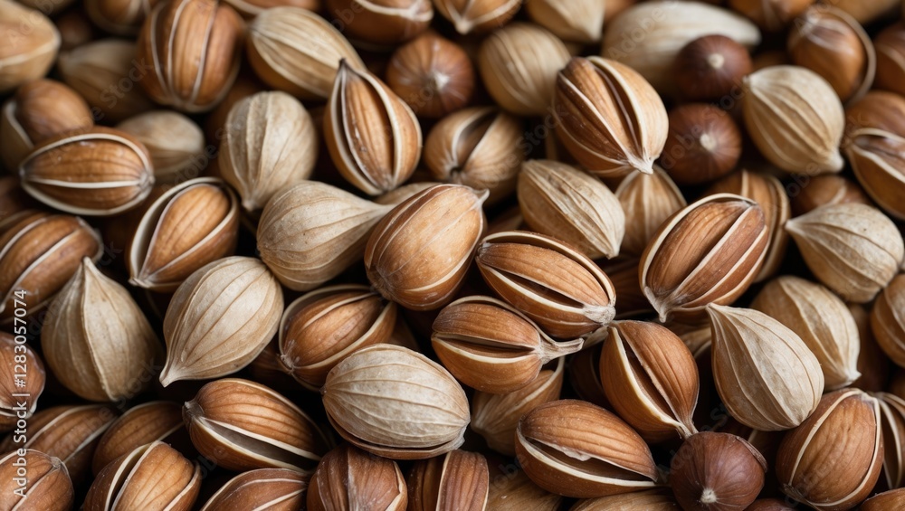 Poster nutritious loose hulled pine nuts arranged in a textured pattern showcasing their natural colors and