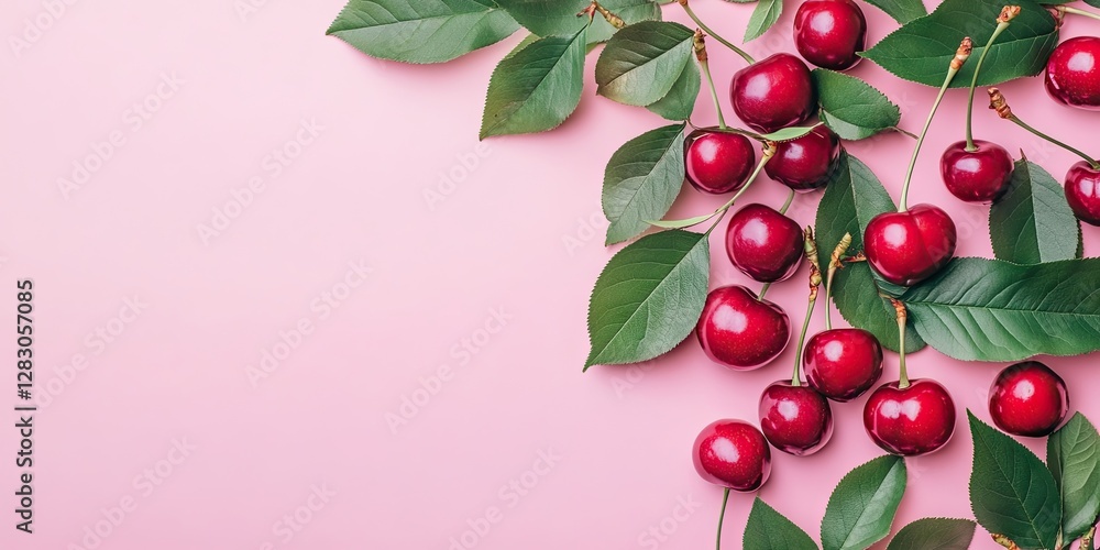 Poster Vibrant red cherries with lush green leaves arranged on the upper left against a soft pink backdrop creating ample copy space on the right