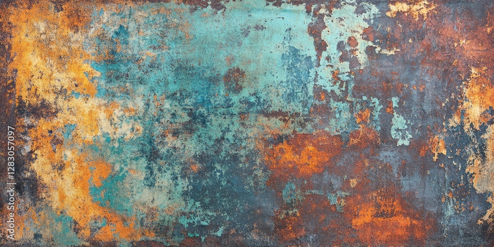 Poster vibrant abstract rusty metallic texture featuring shades of teal, orange, and brown with a grungy ap