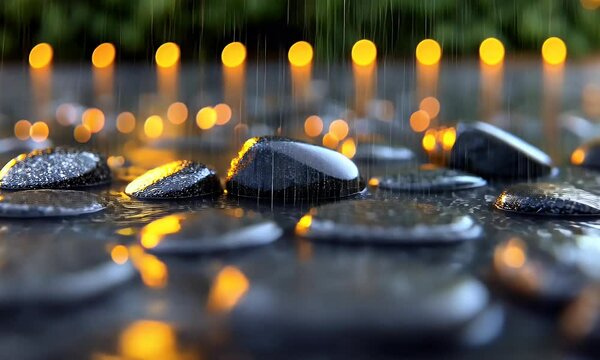 Tranquil scene of rain falling on smooth stones with glowing lights in the background