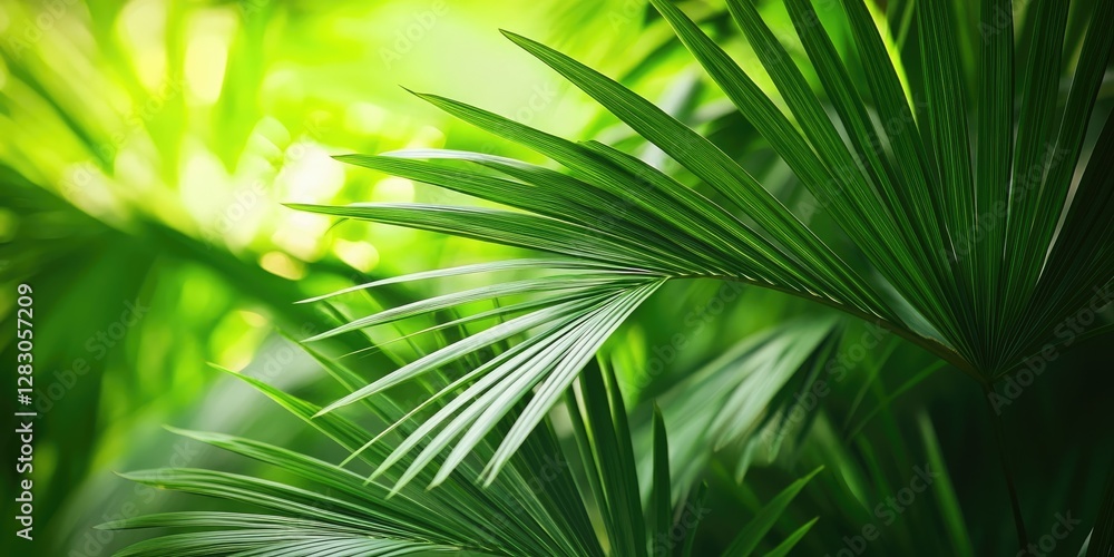 Poster lush green palm leaves overlapping with intricate details on a vibrant backdrop of natural greenery 