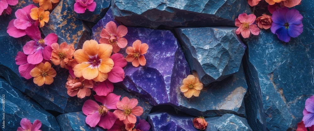 Poster granite texture with colorful flowers arrangement on stone surface creating a vibrant natural backdr