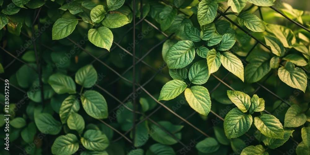 Aufkleber lush green leaves of climbing bushes intertwine with a dark fence creating a serene natural backdrop