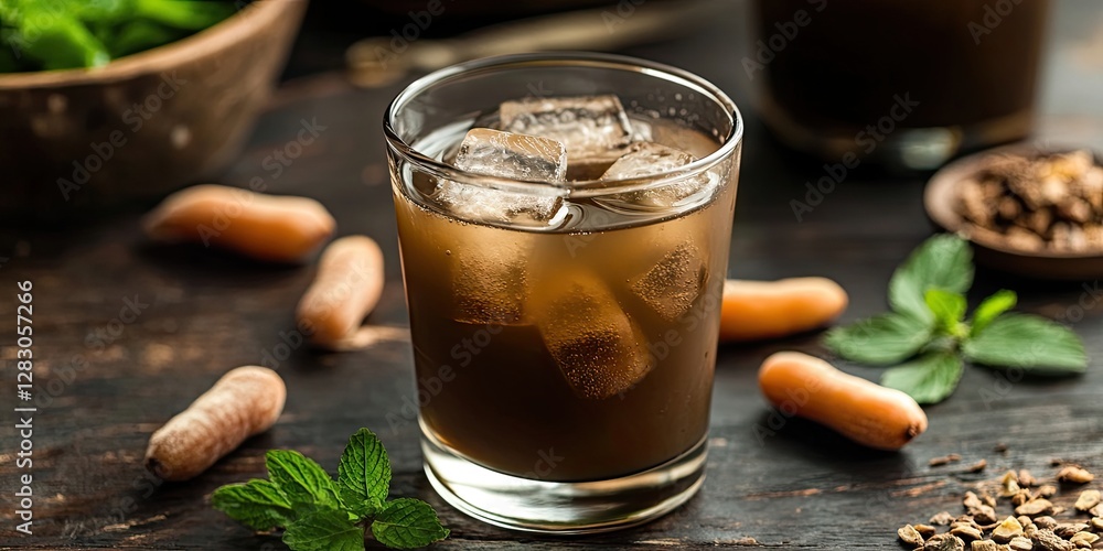 Poster refreshing tamarind juice with ice cubes in a glass on a rustic wooden table garnished with mint lea