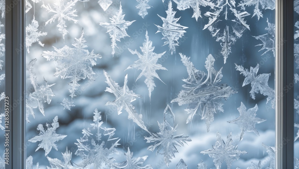 Poster frosted window with intricate snowflake patterns against a blurred winter landscape backdrop
