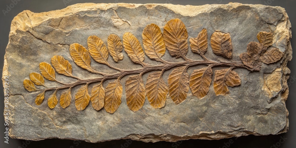 Poster fossilized fern leaf embedded in a grey stone slab with intricate details of golden-brown leaves sho