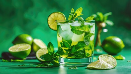 Fototapeta premium Refreshing Mojito Cocktail with Fresh Mint and Limes on Vibrant Green Background Perfect for Summer Beverage Promotions