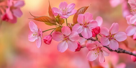 Fototapeta premium Delicate pink Sakura blossoms in soft focus against a warm pastel background showcasing spring's renewal and nature's vibrant artistry.
